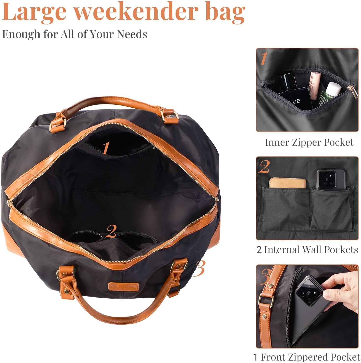 Duffle Bag Smooth Nylon Leather Weekender Overnight Travel Carry on Bag