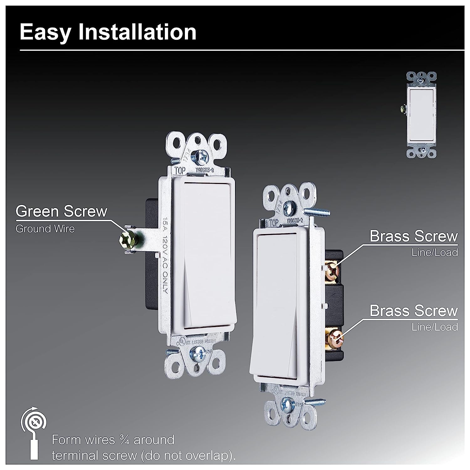 Grounding Paddle Rocker Switch, Single Pole, in Wall On/Off Power Switch Replacement for Ceiling Fans & Lights, 15 Amp, Great for Home, Office & Kitchen, UL Listed, White, 50726