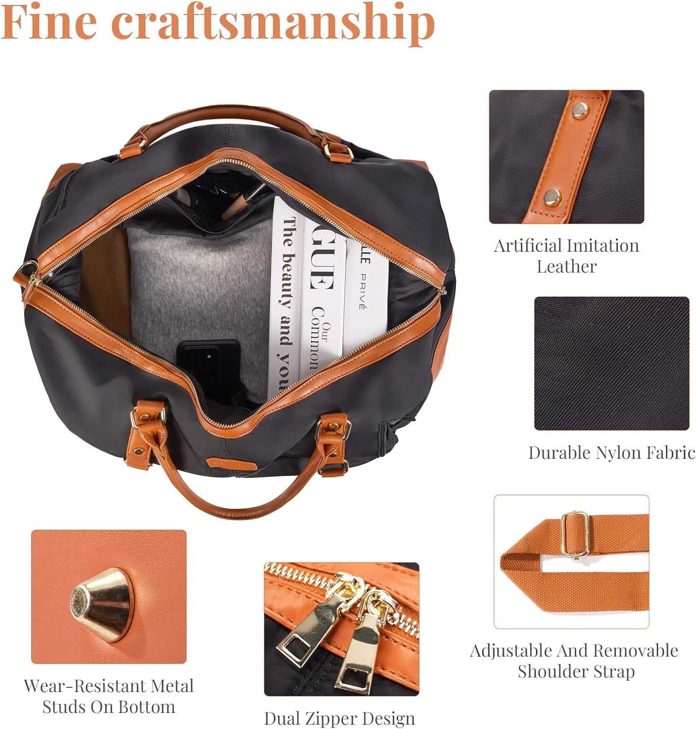 Duffle Bag Smooth Nylon Leather Weekender Overnight Travel Carry on Bag