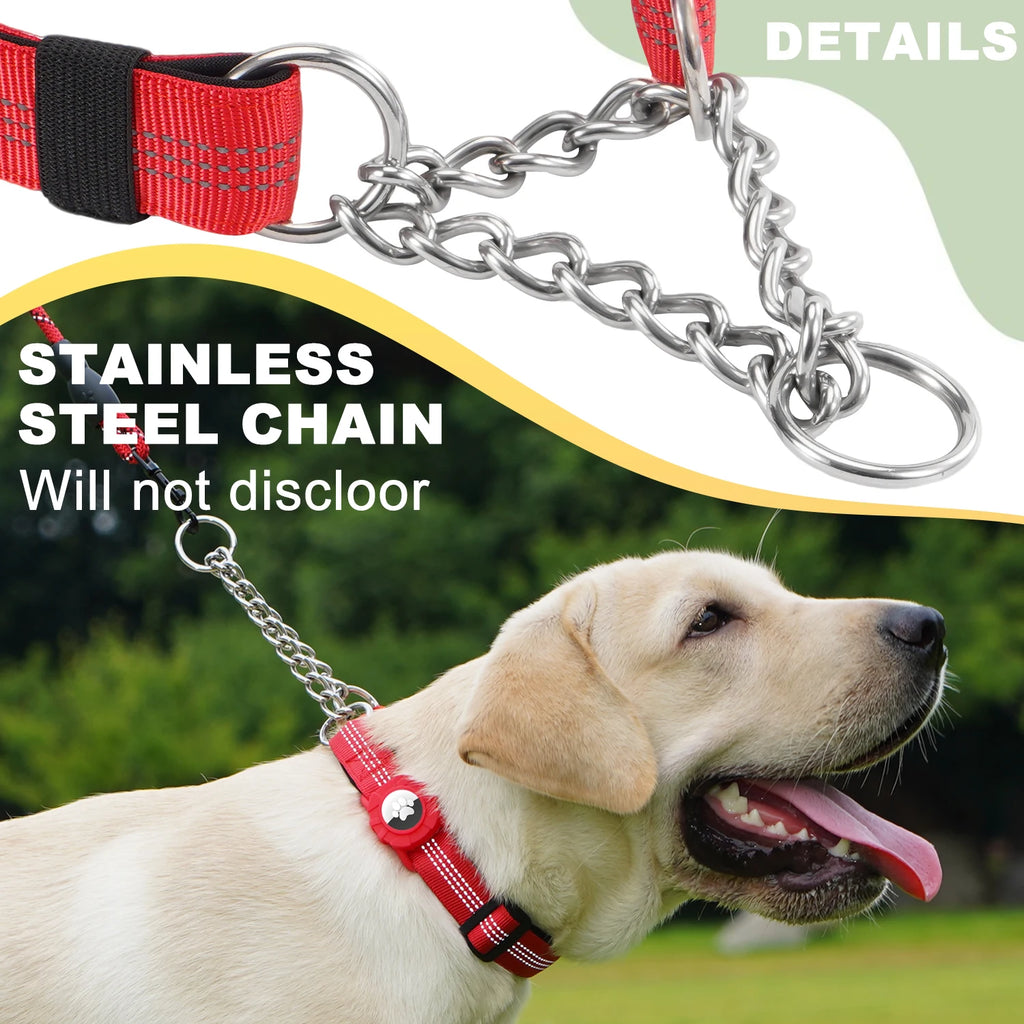 Dog Collar with Air Tag Holder, Reflective Nylon Soft Padded No Pull Training Collars Adjustable Stainless Steel Chain Collar f