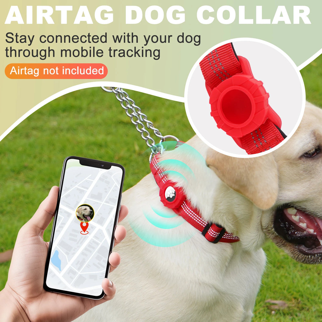 Dog Collar with Air Tag Holder, Reflective Nylon Soft Padded No Pull Training Collars Adjustable Stainless Steel Chain Collar f