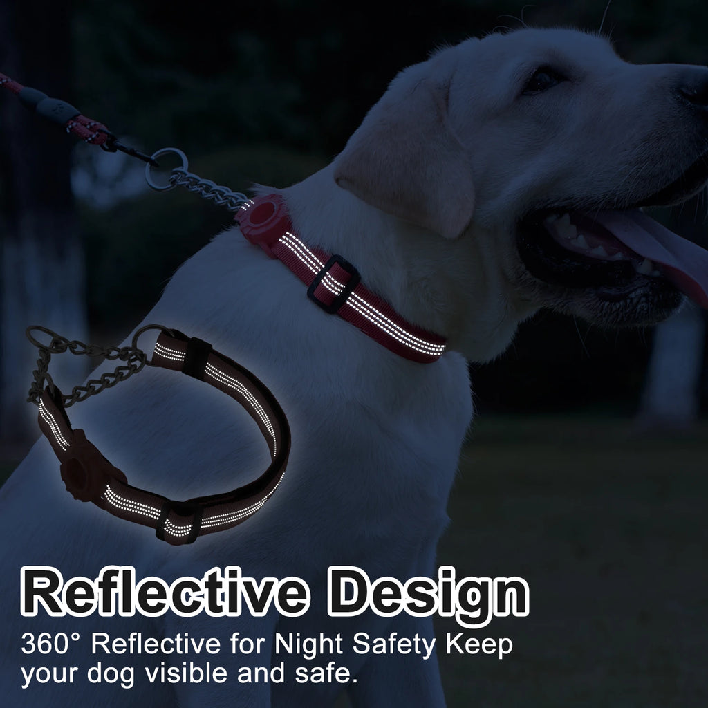 Dog Collar with Air Tag Holder, Reflective Nylon Soft Padded No Pull Training Collars Adjustable Stainless Steel Chain Collar f
