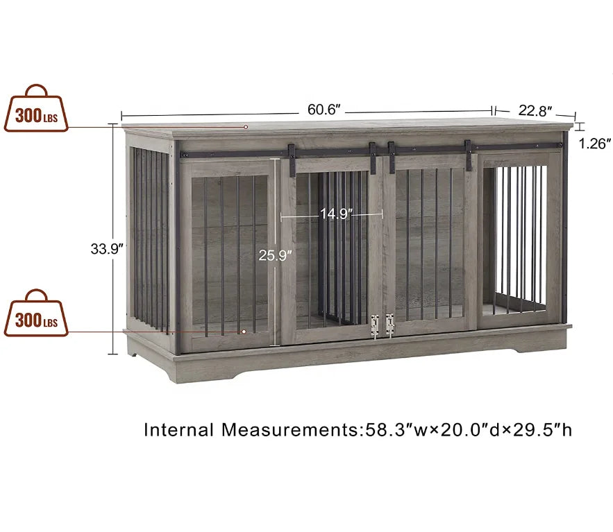 Large Dog Crate Furniture For 2 Dog Wood Dog Crate Cage Furniture With Removable Divider Sliding Door TV Stand Indoor Kennel