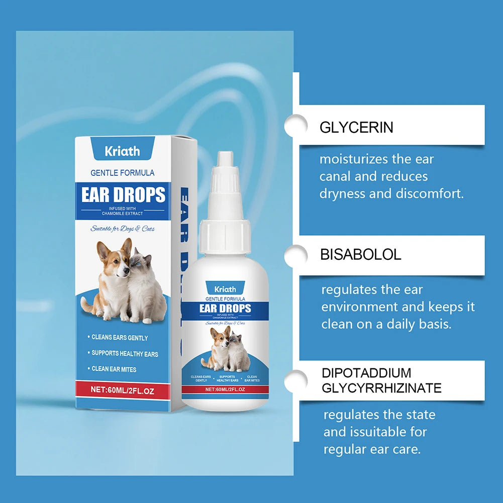 60ml Pet Ear Cleaning Solution,Pet Ear Deodorizer Drops for Eliminates Odor Freshens Ears,Ear Care Cleaning Products for Cat Dog