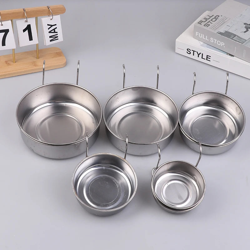 Crate Dog Cat Bowl Stainless Steel Hanging Pet Cage Bowl Food Water Feeder Coop Cup For Cat Puppy Birds Rats 5 Sizes