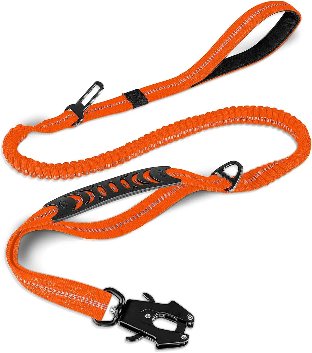 Tactical Dog Leash Heavy Duty, 4-6FT Shock Absorbing Bungee Lead with 2 Padded Handle, Metal Carabiner Clip, Car Seatbelt, Stron