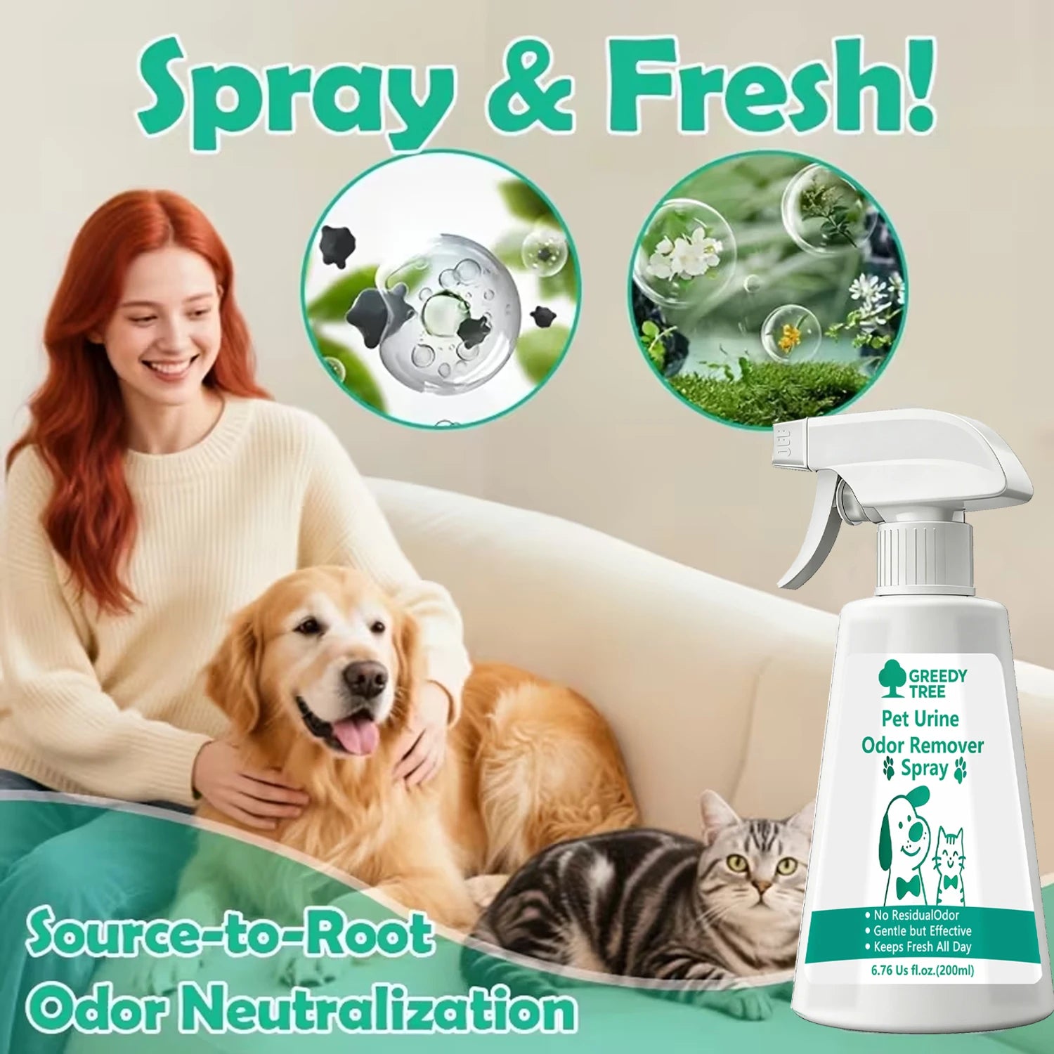 Pet Urine Odor Remover Spray for Dogs & Cats, No Residue Gentle Effective All-Day Fresh Deodorizer,