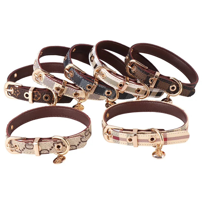 Dog Collars Leashes Leather Collar and Leash Set Adjustable Basic Check Pattern Durable Harness with Metal Buckle Suitabl