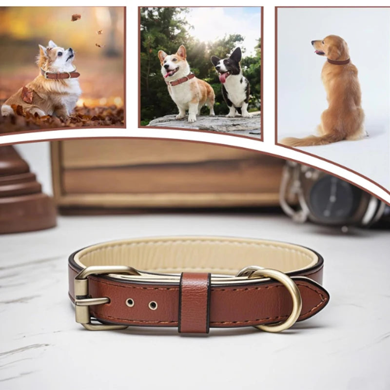 Leather Dog Collar With Soft Padded Leather Dog Collars Heavy Duty with Adjustable for Medium Large Dogs Brown