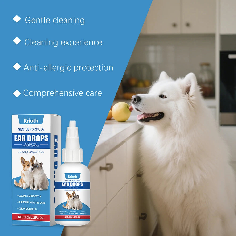 60ml Pet Ear Cleaning Solution,Pet Ear Deodorizer Drops for Eliminates Odor Freshens Ears,Ear Care Cleaning Products for Cat Dog