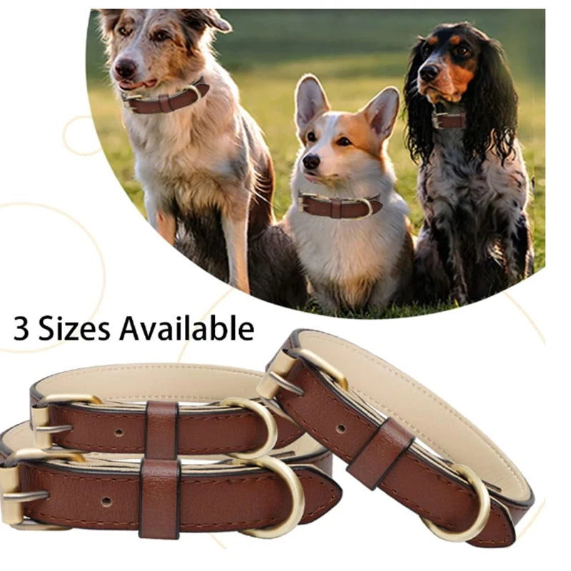 Leather Dog Collar With Soft Padded Leather Dog Collars Heavy Duty with Adjustable for Medium Large Dogs Brown