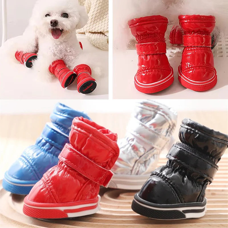 4PCS Fashion Winter Small Dog Snow Boots Weatherproof & Waterproof Puppy Shoes Anti-Slip Dog Rain Booties for Teddy Bichon Frise