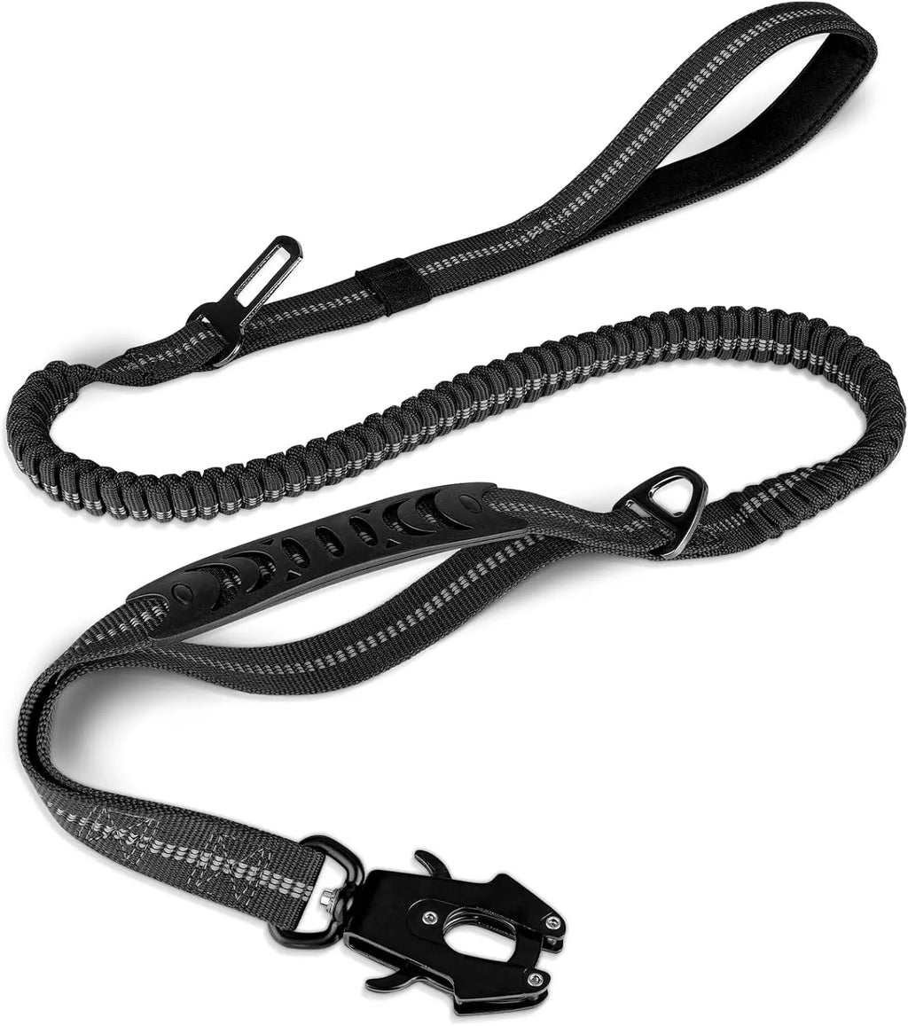Tactical Dog Leash Heavy Duty, 4-6FT Shock Absorbing Bungee Lead with 2 Padded Handle, Metal Carabiner Clip, Car Seatbelt, Stron