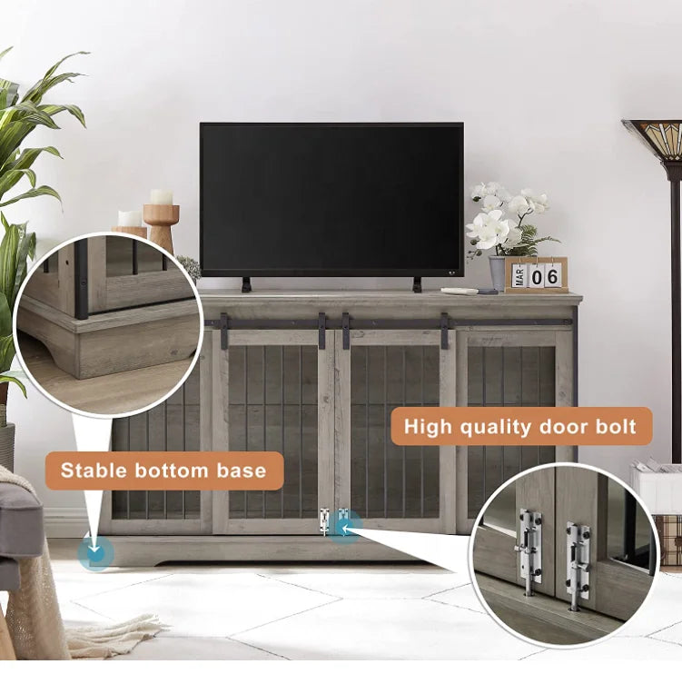 Large Dog Crate Furniture For 2 Dog Wood Dog Crate Cage Furniture With Removable Divider Sliding Door TV Stand Indoor Kennel