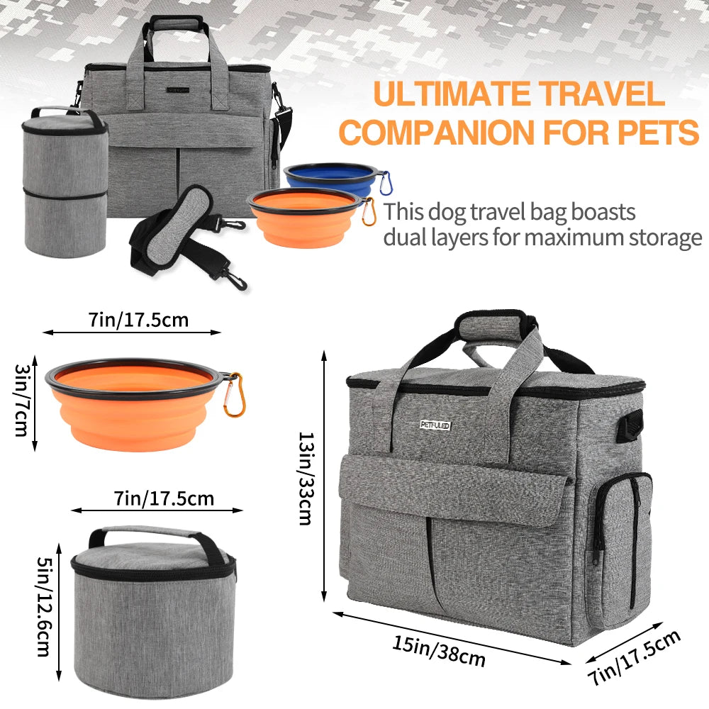 Dog Travel Bag Pet Travel Bags With Multi-Pockets Tote Organizer For Dog Supplies Dog Road Trip Essentials For Weekend Away