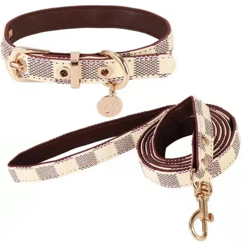 Dog Collars Leashes Leather Collar and Leash Set Adjustable Basic Check Pattern Durable Harness with Metal Buckle Suitabl