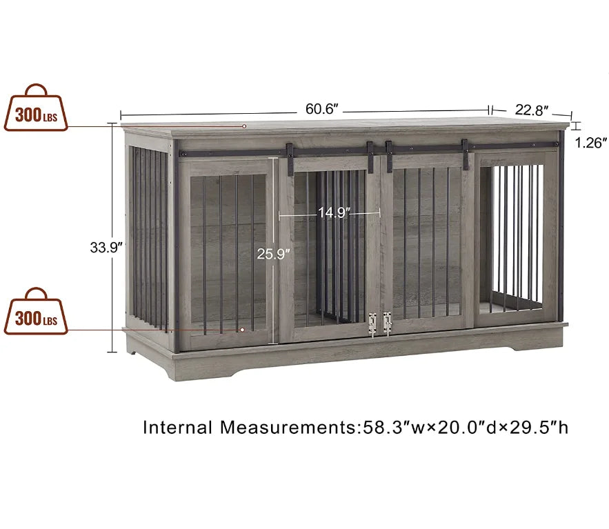 Large Dog Crate Furniture For 2 Dog Wood Dog Crate Cage Furniture With Removable Divider Sliding Door TV Stand Indoor Kennel