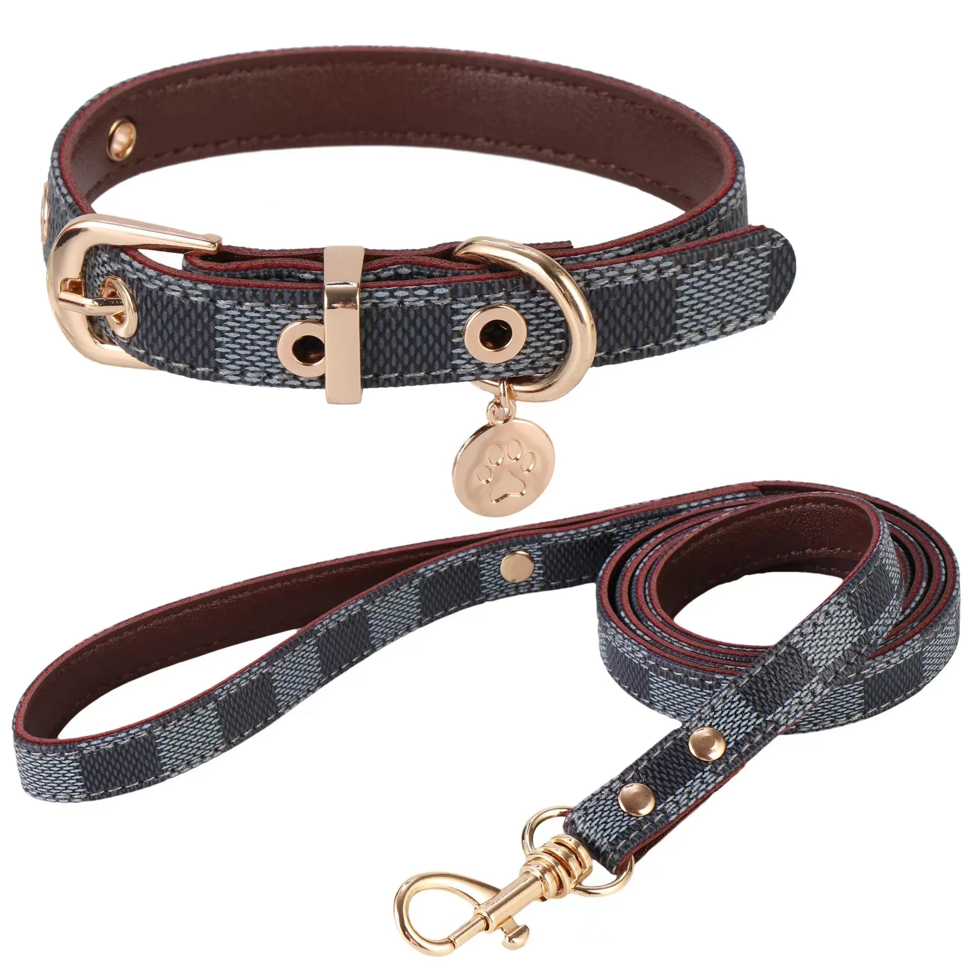 Dog Collars Leashes Leather Collar and Leash Set Adjustable Basic Check Pattern Durable Harness with Metal Buckle Suitabl
