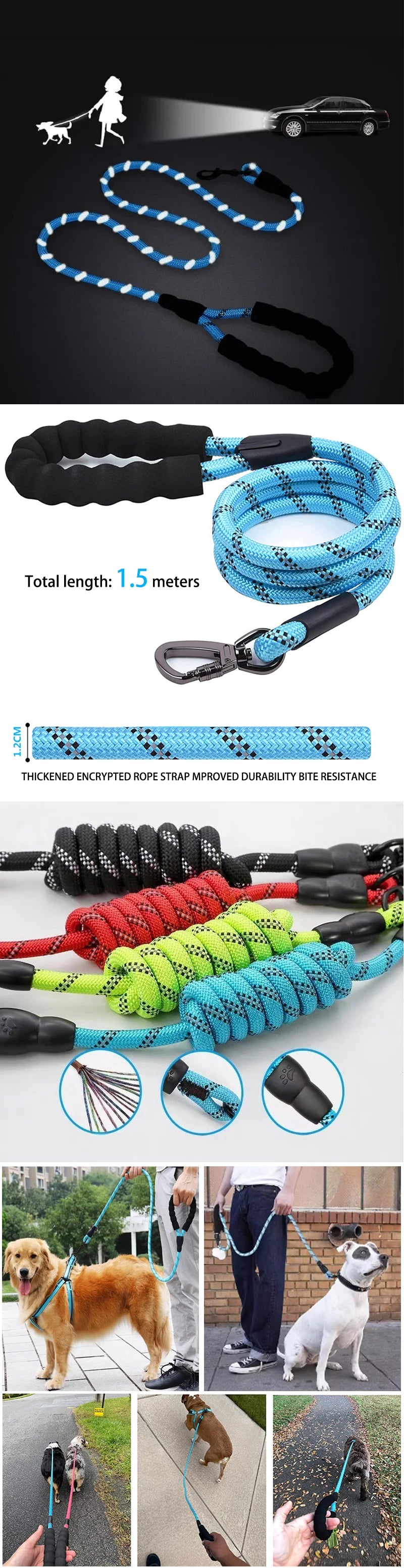 3M Reflective Dog Leash With Comfortable Padded Handle Double Heavy Duty Traction Rope  for Dogs Suitable Small to Large Dogs