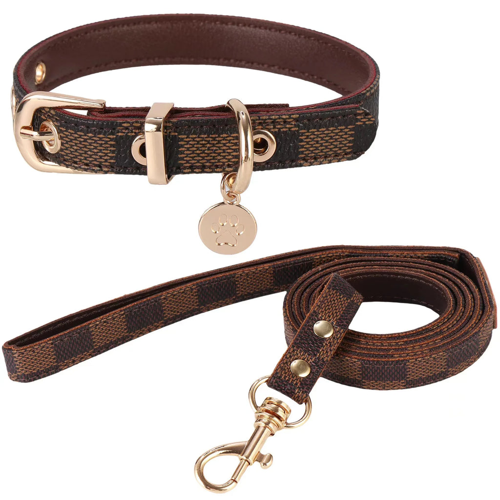 Dog Collars Leashes Leather Collar and Leash Set Adjustable Basic Check Pattern Durable Harness with Metal Buckle Suitabl
