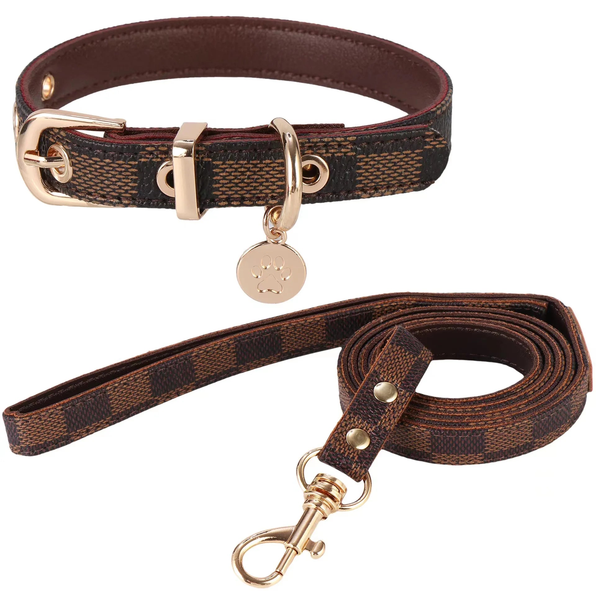 Dog Collars Leashes Leather Collar and Leash Set Adjustable Basic Check Pattern Durable Harness with Metal Buckle Suitabl