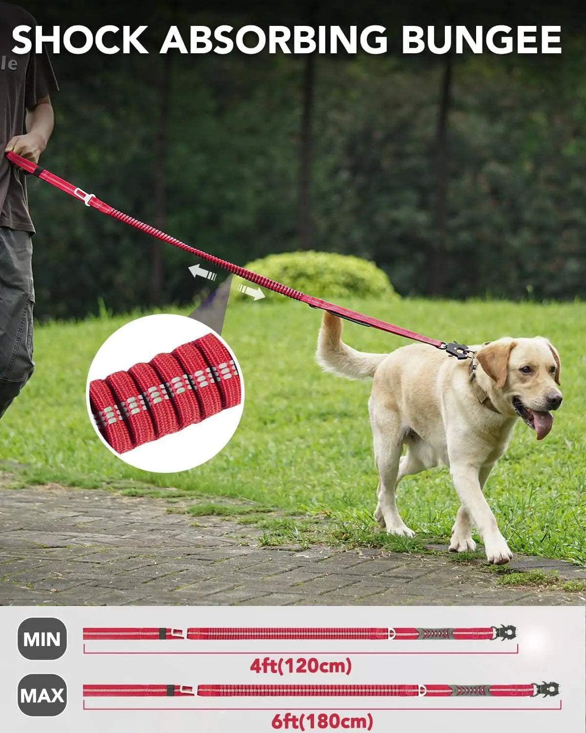 Tactical Dog Leash Heavy Duty, 4-6FT Shock Absorbing Bungee Lead with 2 Padded Handle, Metal Carabiner Clip, Car Seatbelt, Stron