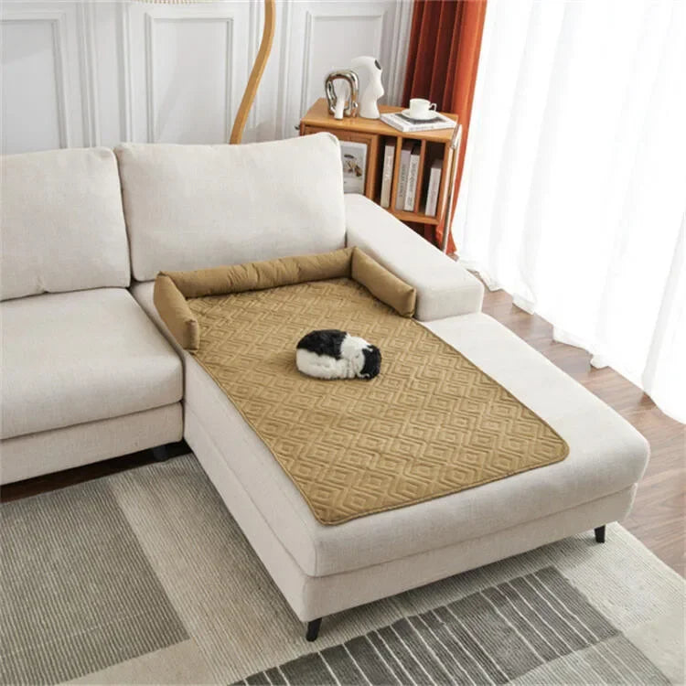 Dog Sofa Bed Pad with Neck Pillow Waterproof and Moisture-proof Plaid Pet Blanket Mat Indoor Cat Calming Nest Supplies