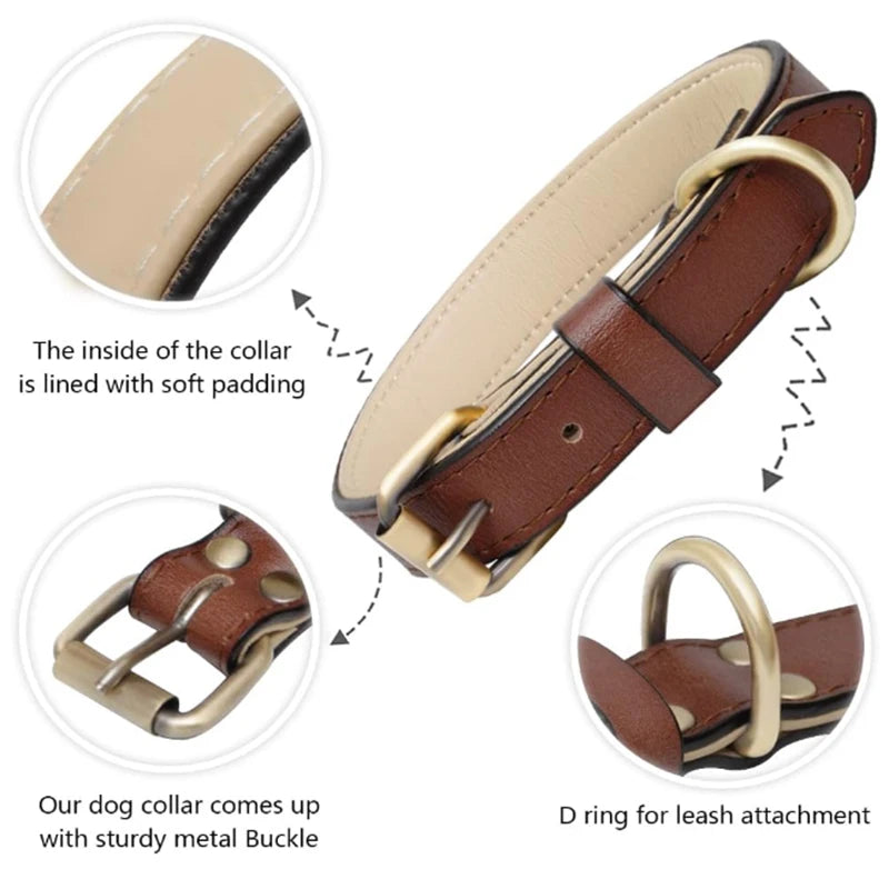 Leather Dog Collar With Soft Padded Leather Dog Collars Heavy Duty with Adjustable for Medium Large Dogs Brown