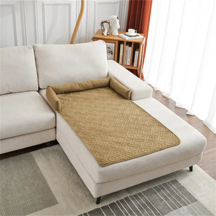 Dog Sofa Bed Pad with Neck Pillow Waterproof and Moisture-proof Plaid Pet Blanket Mat Indoor Cat Calming Nest Supplies