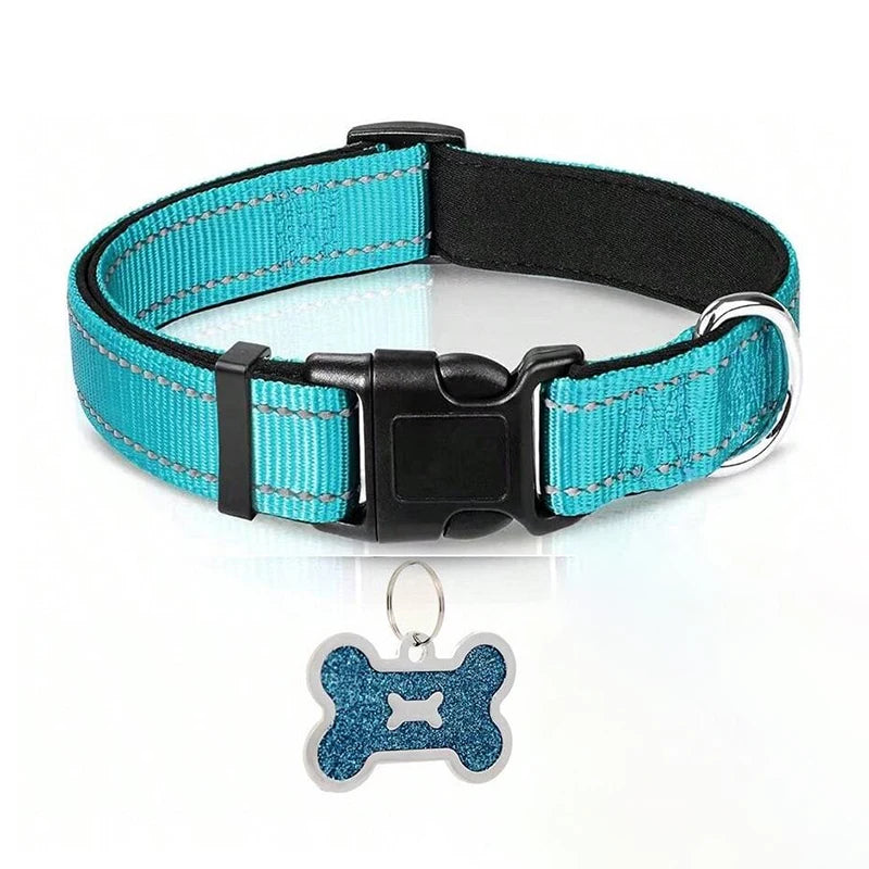 Dog Collar Nylon Soft Padded Adjustable Breathable Durable Comfortable Reflective Pet Collar for Small Medium Large Dog Bone Tag
