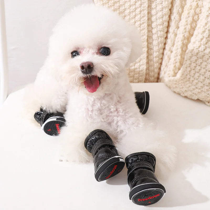 4PCS Fashion Winter Small Dog Snow Boots Weatherproof & Waterproof Puppy Shoes Anti-Slip Dog Rain Booties for Teddy Bichon Frise