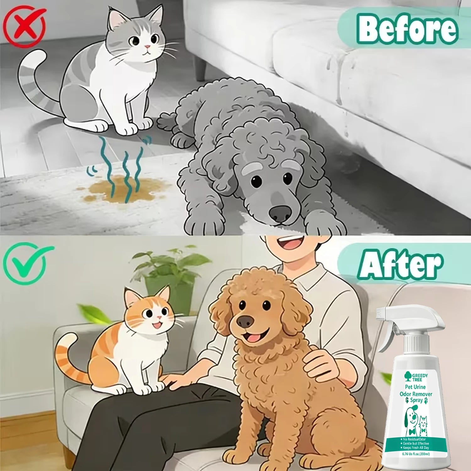 Pet Urine Odor Remover Spray for Dogs & Cats, No Residue Gentle Effective All-Day Fresh Deodorizer,