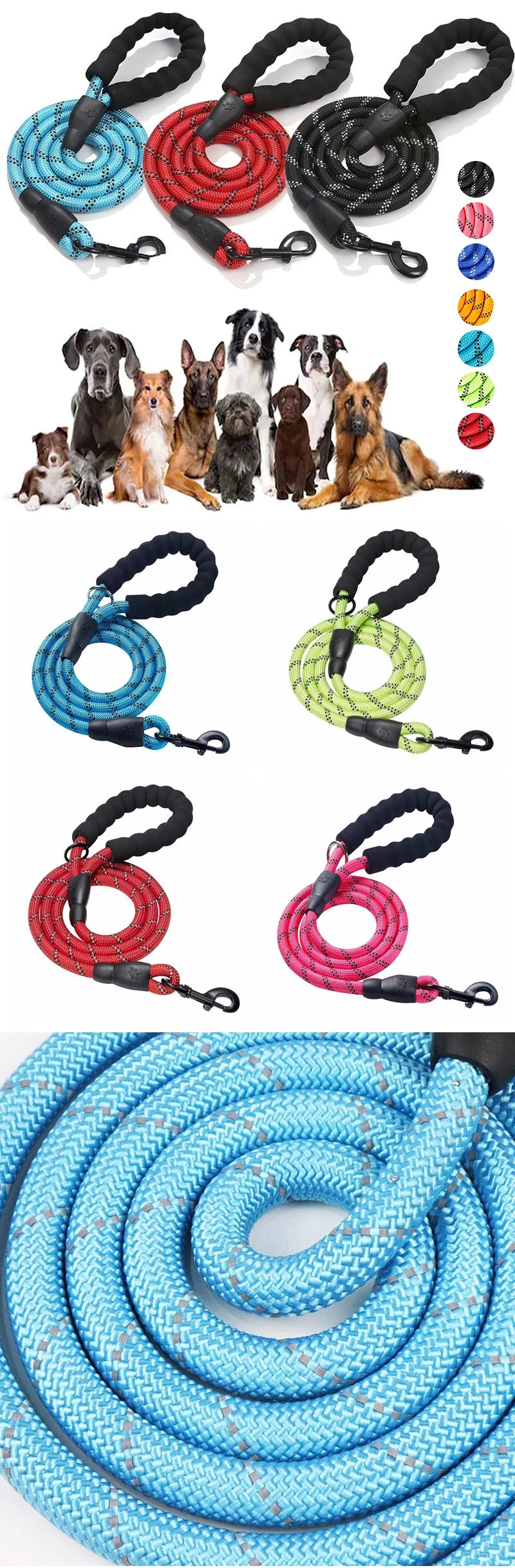 3M Reflective Dog Leash With Comfortable Padded Handle Double Heavy Duty Traction Rope  for Dogs Suitable Small to Large Dogs