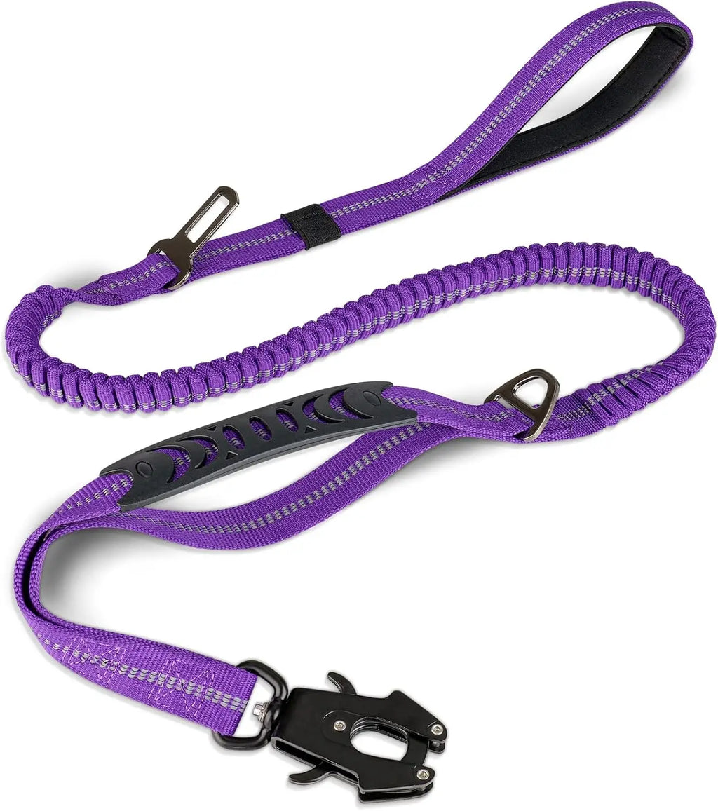 Tactical Dog Leash Heavy Duty, 4-6FT Shock Absorbing Bungee Lead with 2 Padded Handle, Metal Carabiner Clip, Car Seatbelt, Stron