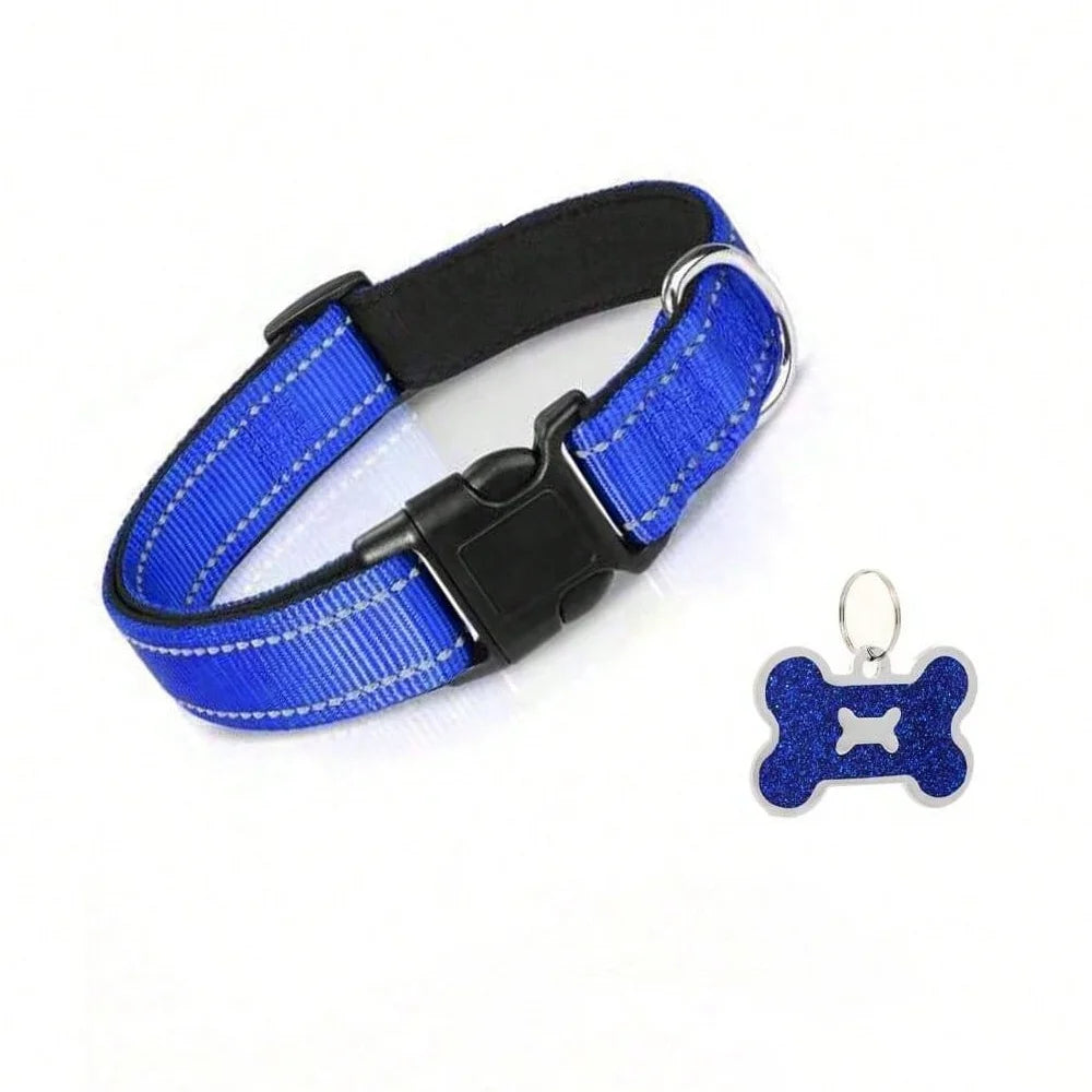 Dog Collar Nylon Soft Padded Adjustable Breathable Durable Comfortable Reflective Pet Collar for Small Medium Large Dog Bone Tag
