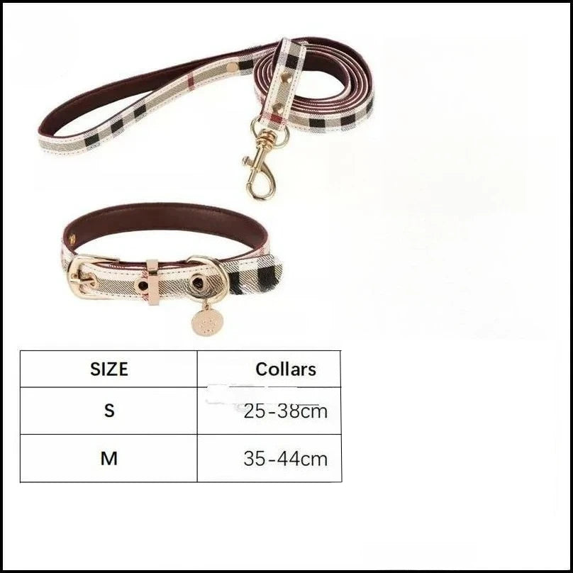 Dog Collars Leashes Leather Collar and Leash Set Adjustable Basic Check Pattern Durable Harness with Metal Buckle Suitabl