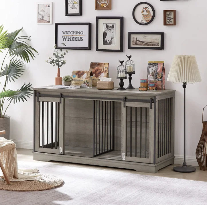 Large Dog Crate Furniture For 2 Dog Wood Dog Crate Cage Furniture With Removable Divider Sliding Door TV Stand Indoor Kennel