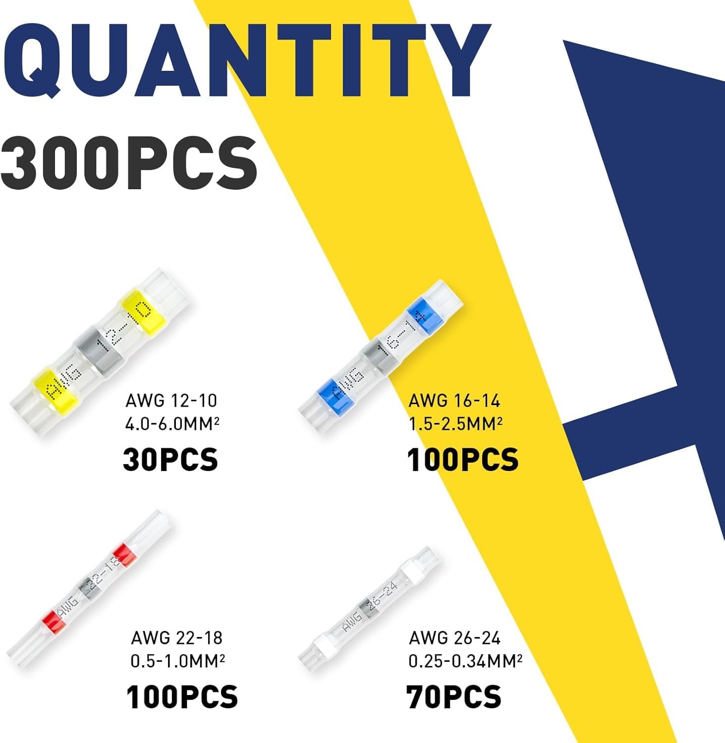 300PCS Solder Seal Wire Connectors- Marine Grade Heat Shrink Wire Connectors-Heat Shrink Butt Connectors-Self Solder for Marine,Stereo(30Yellow 70White 100Red 100Blue) Solder Sleeve