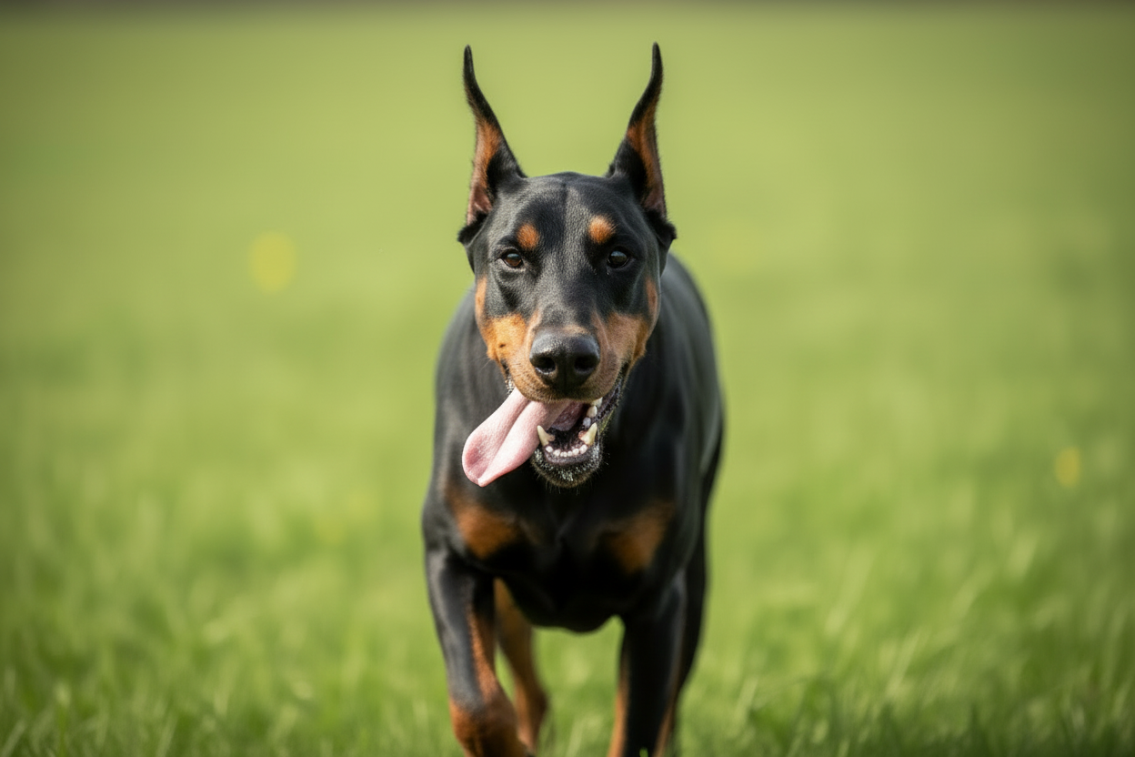 Playful Doberman Pinscher running through field